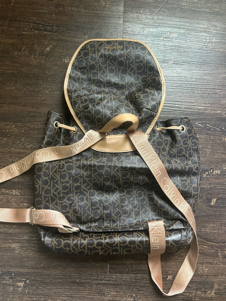 Calvin Klein Brown And Tan Monogram Drawstring Tote